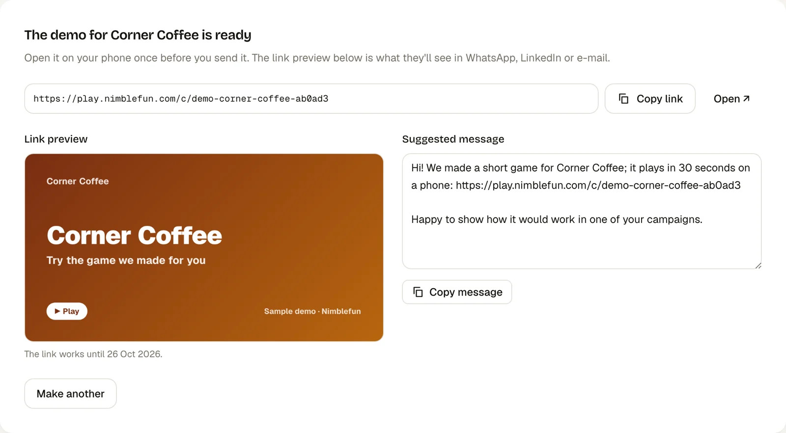 The pitch demo screen in the dashboard: a demo made for a brand, its link preview and the message to send