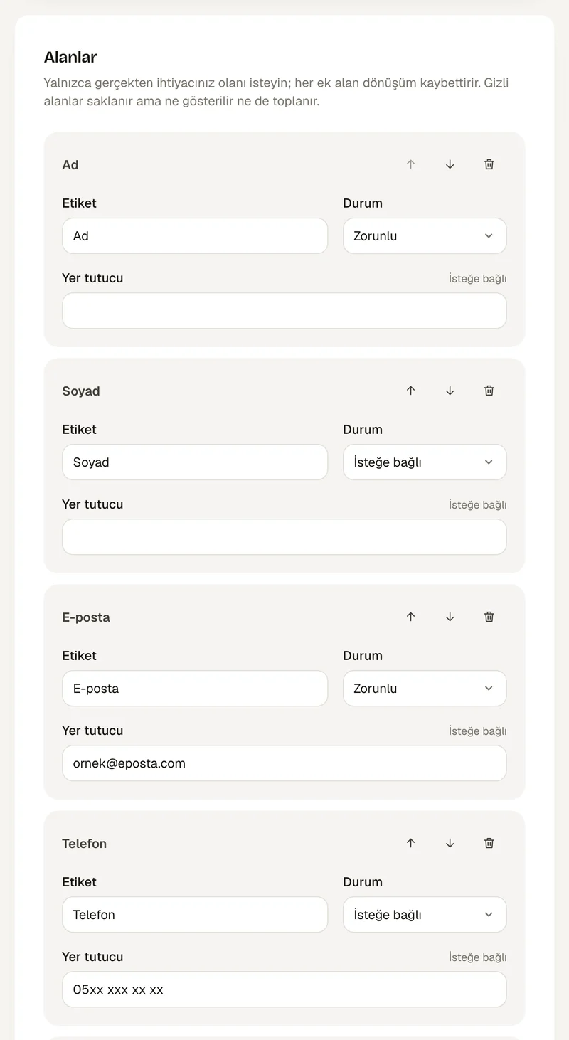 Nimblefun panelinde lead formu alanları: ad ve e-posta zorunlu, soyad ve telefon isteğe bağlı.